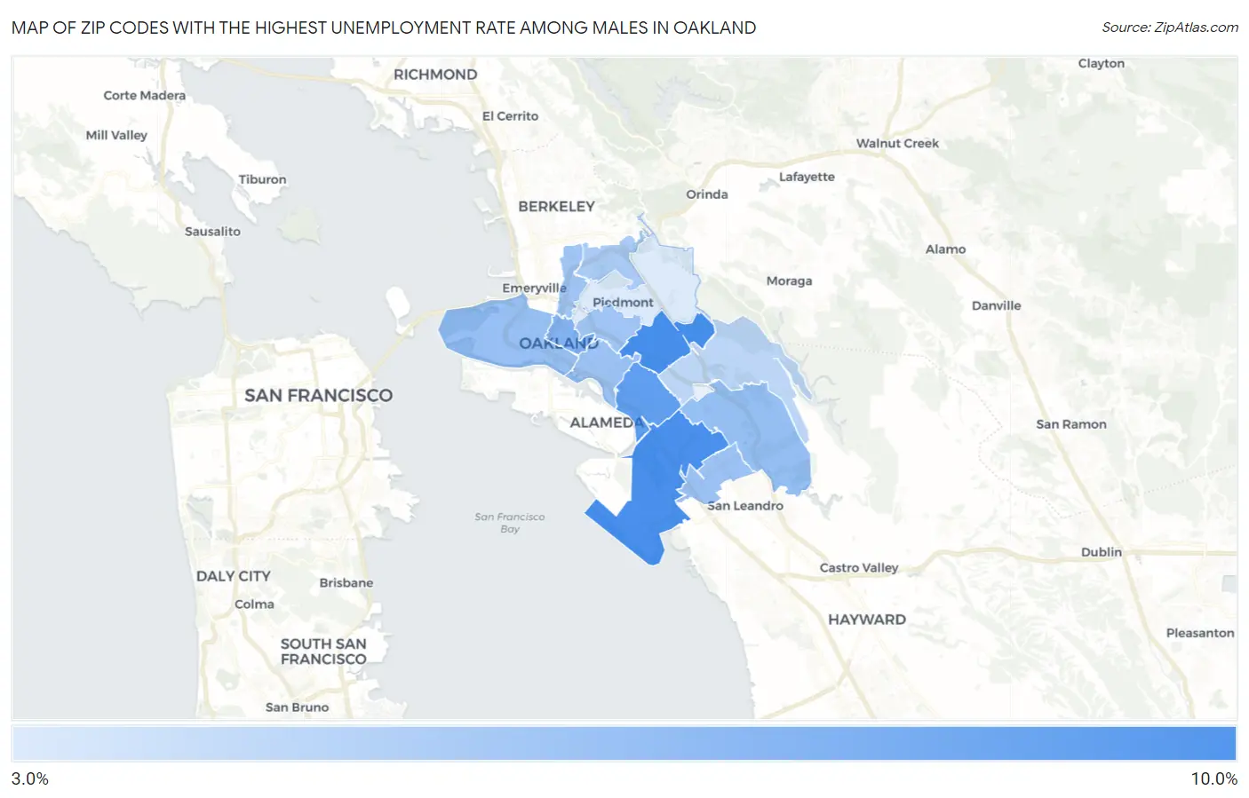 Zip Codes with the Highest Unemployment Rate Among Males in Oakland Map