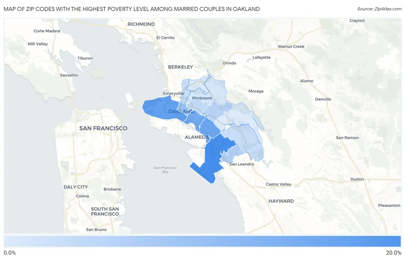 Zip Codes with the Highest Poverty Level Among Married Couples in Oakland Map