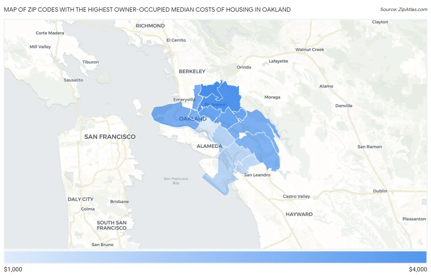 Zip Codes with the Highest Owner-Occupied Median Costs of Housing in Oakland Map