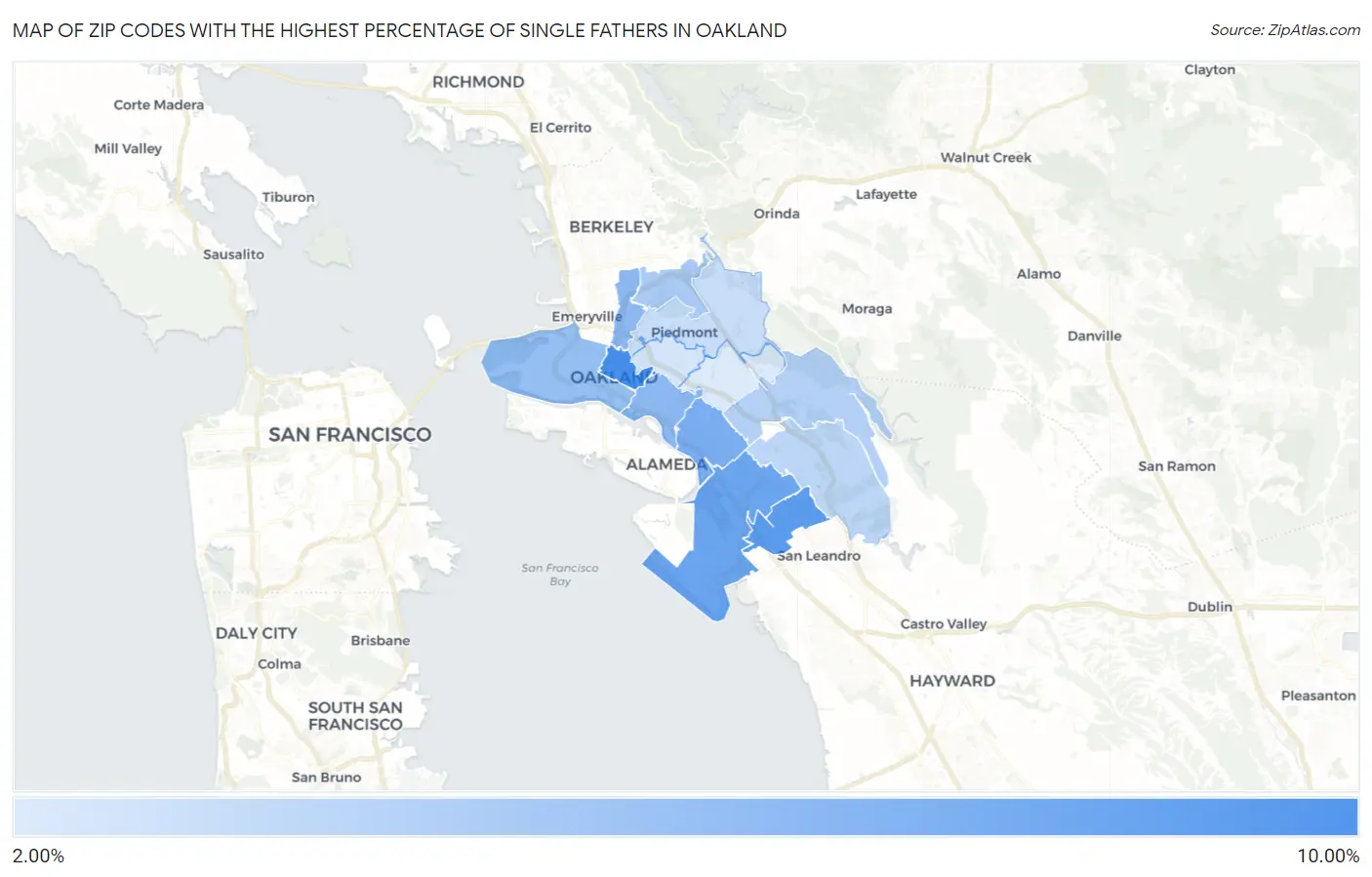 Zip Codes with the Highest Percentage of Single Fathers in Oakland Map