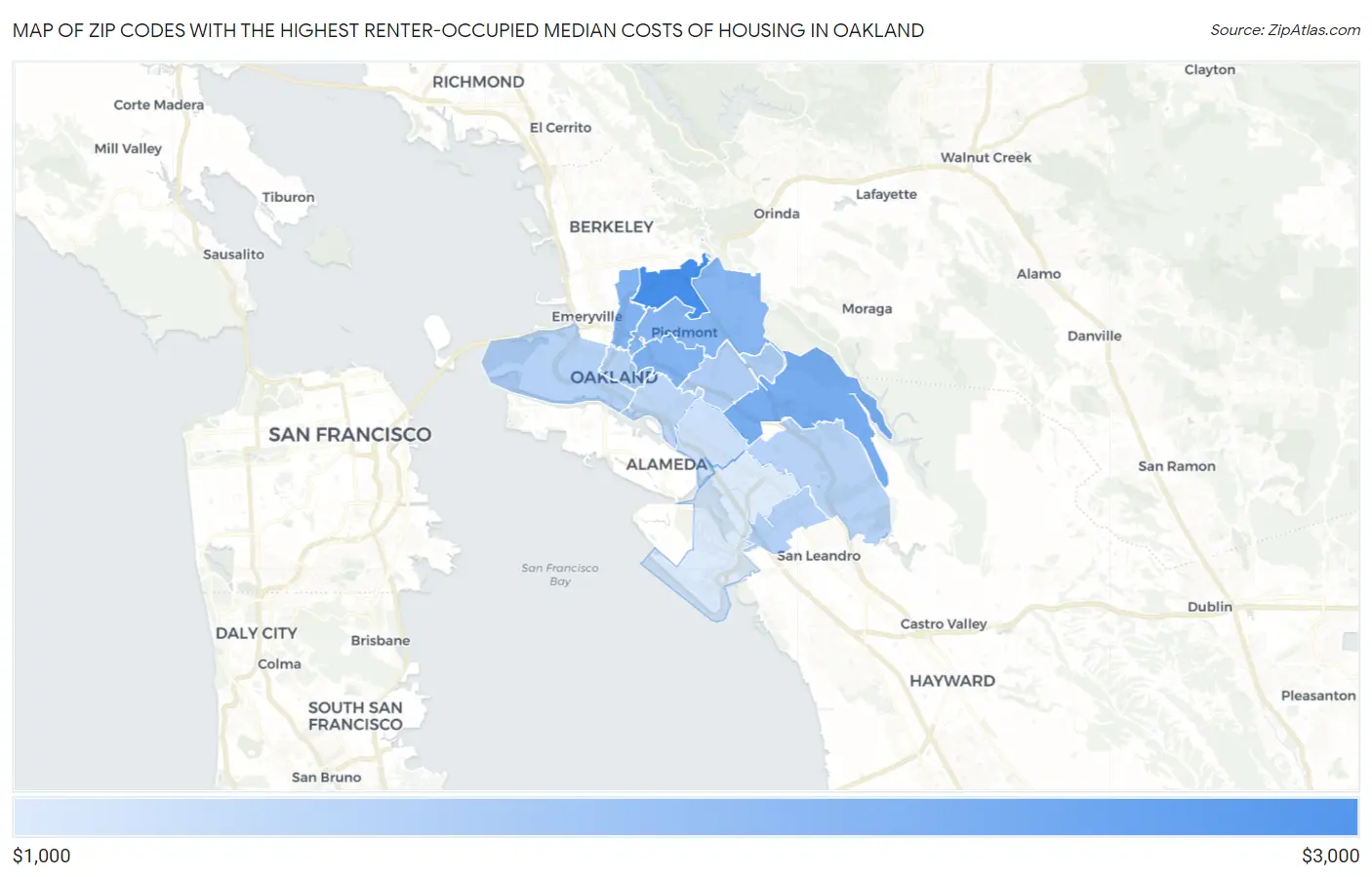 Zip Codes with the Highest Renter-Occupied Median Costs of Housing in Oakland Map