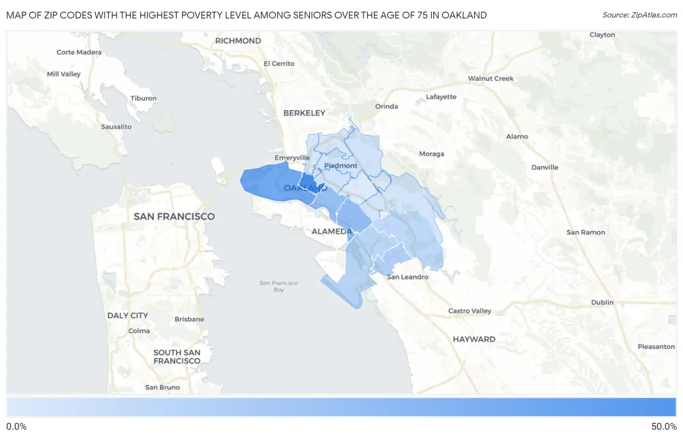 Zip Codes with the Highest Poverty Level Among Seniors Over the Age of 75 in Oakland Map