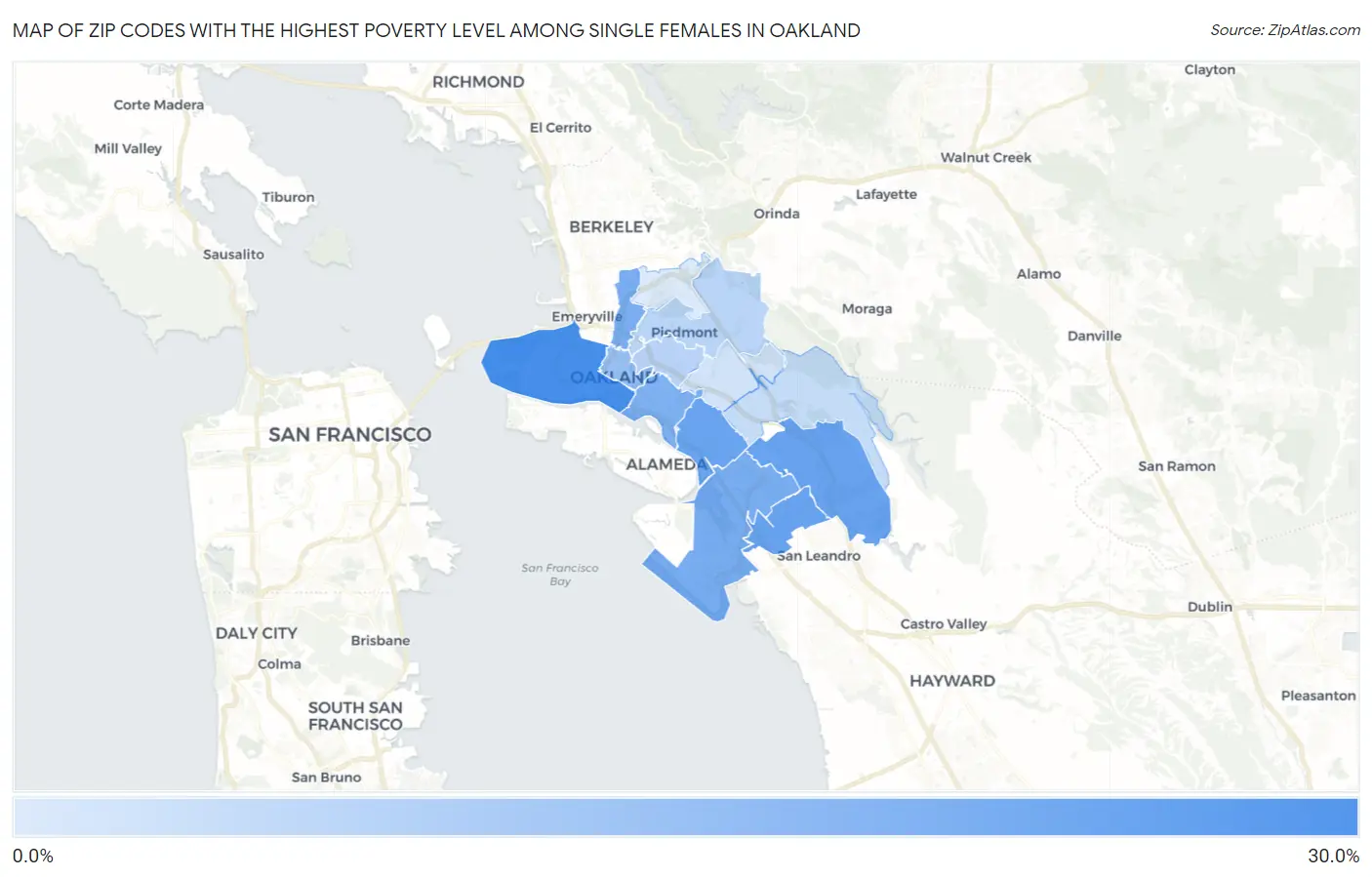 Zip Codes with the Highest Poverty Level Among Single Females in Oakland Map