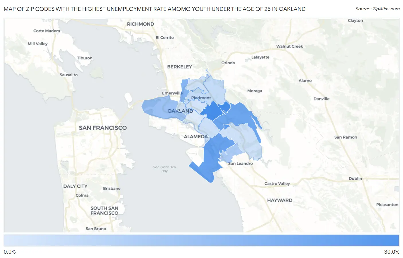 Zip Codes with the Highest Unemployment Rate Amomg Youth Under the Age of 25 in Oakland Map