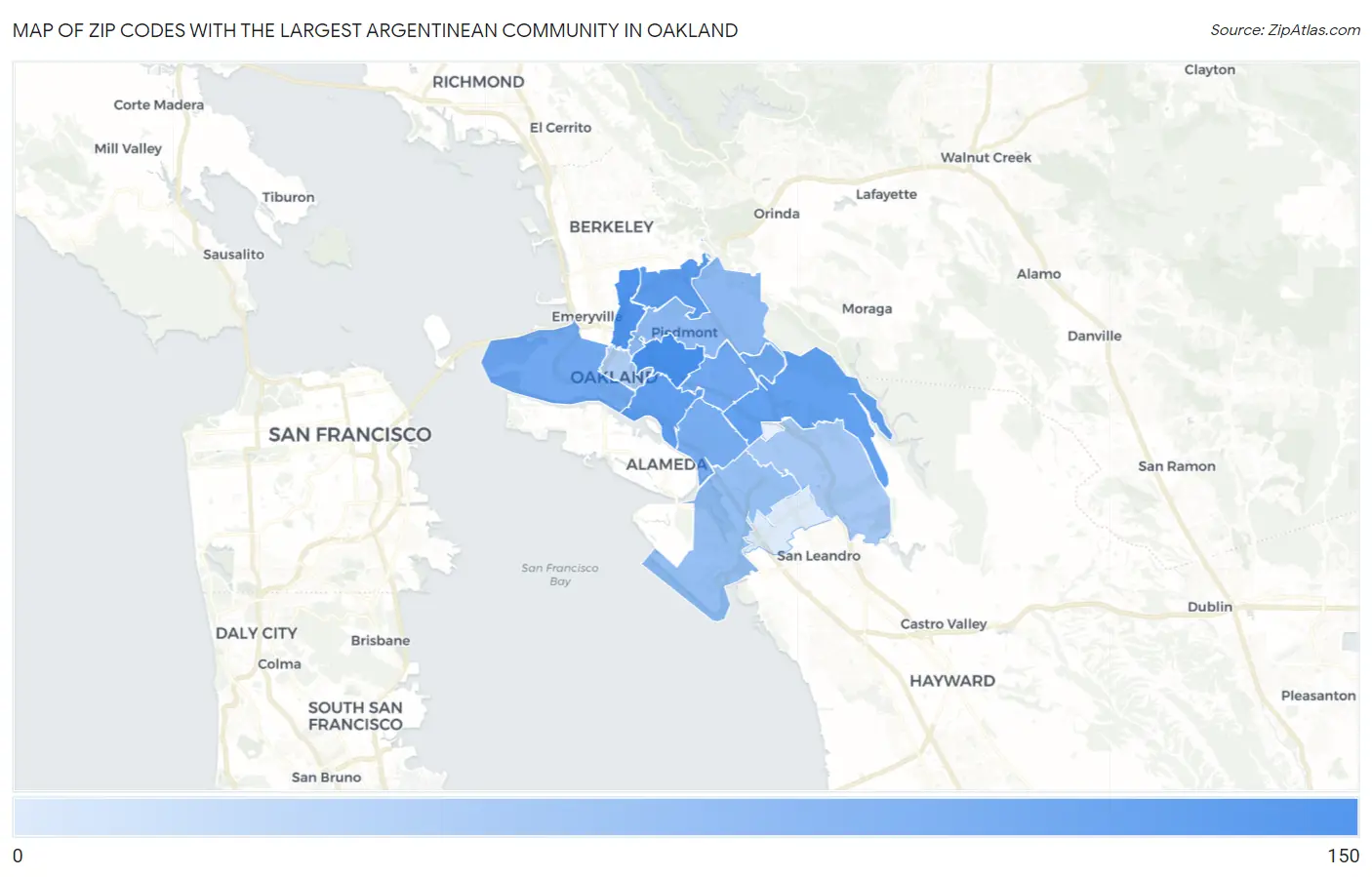 Zip Codes with the Largest Argentinean Community in Oakland Map