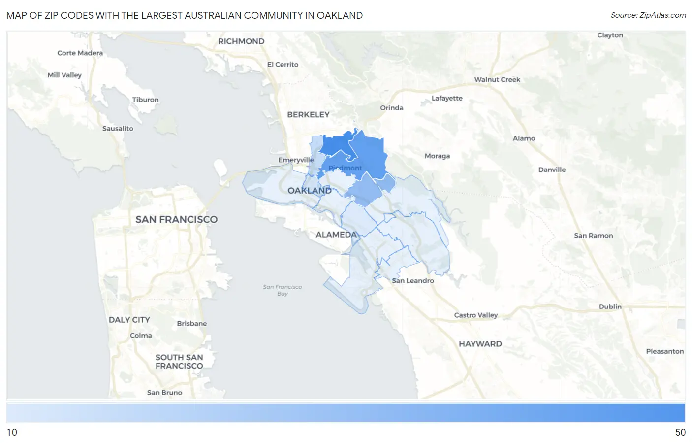 Zip Codes with the Largest Australian Community in Oakland Map
