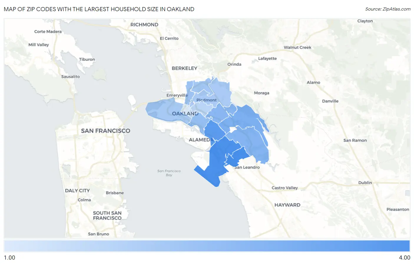 Zip Codes with the Largest Household Size in Oakland Map