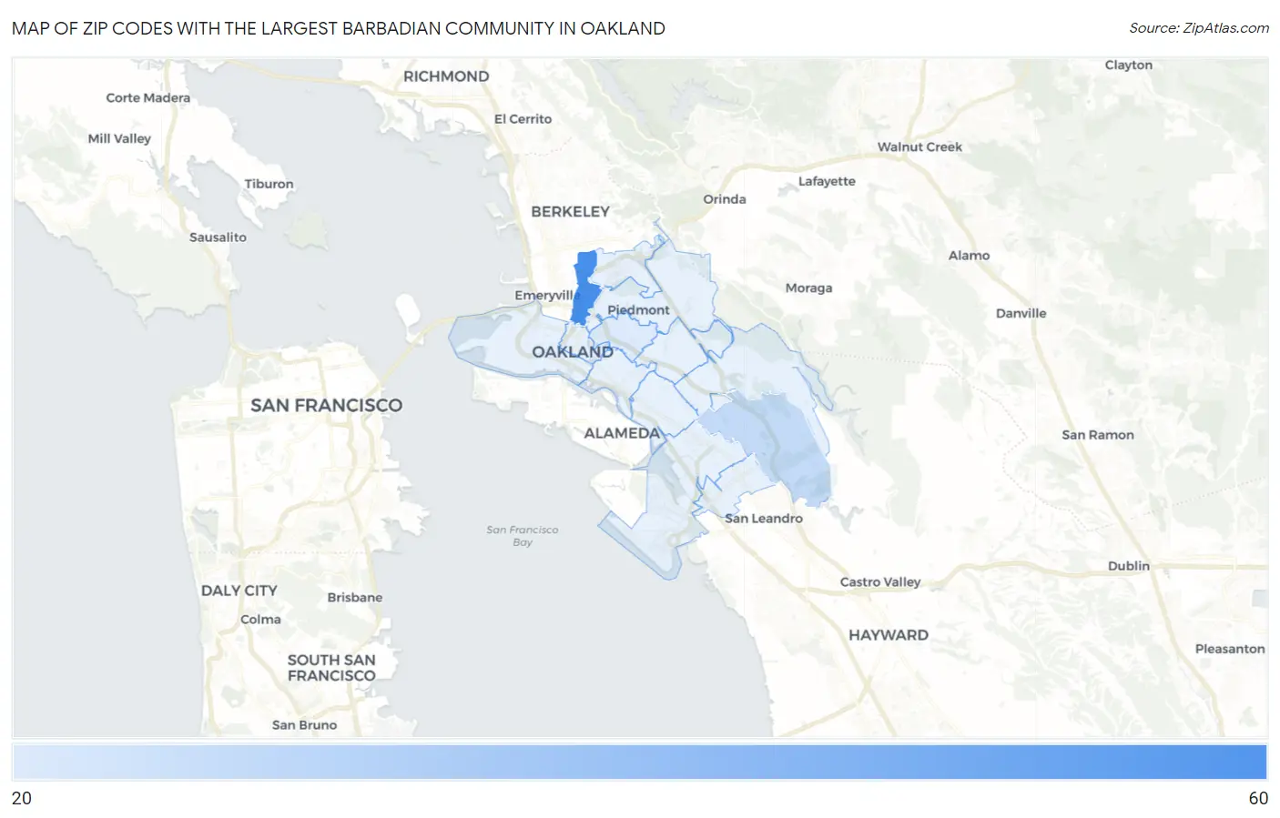 Zip Codes with the Largest Barbadian Community in Oakland Map