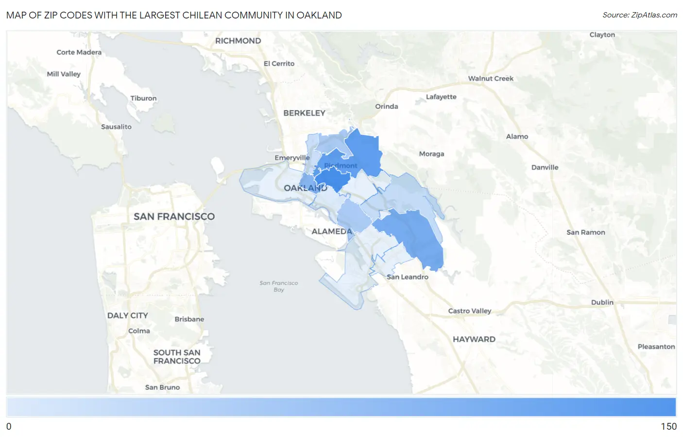 Zip Codes with the Largest Chilean Community in Oakland Map