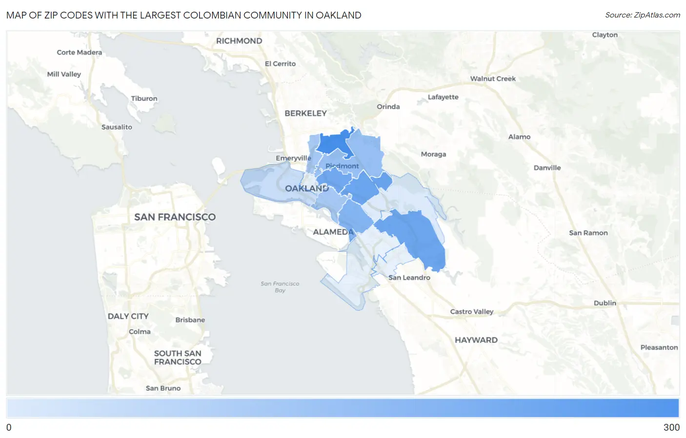Zip Codes with the Largest Colombian Community in Oakland Map