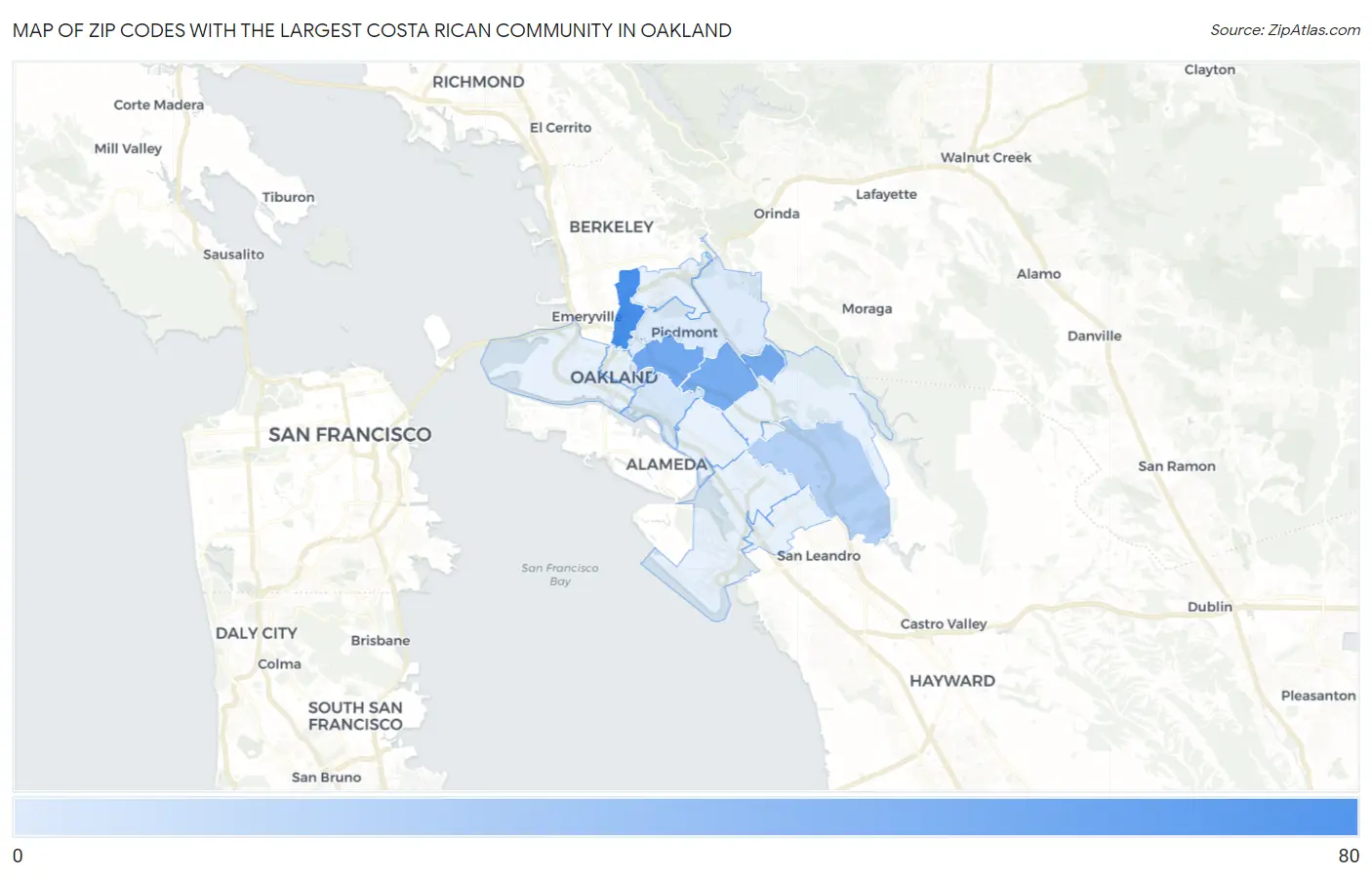 Zip Codes with the Largest Costa Rican Community in Oakland Map