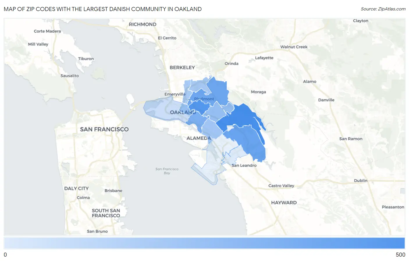Zip Codes with the Largest Danish Community in Oakland Map