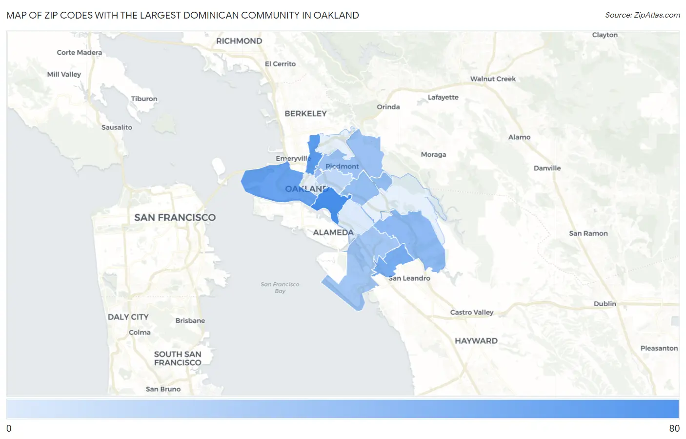 Zip Codes with the Largest Dominican Community in Oakland Map