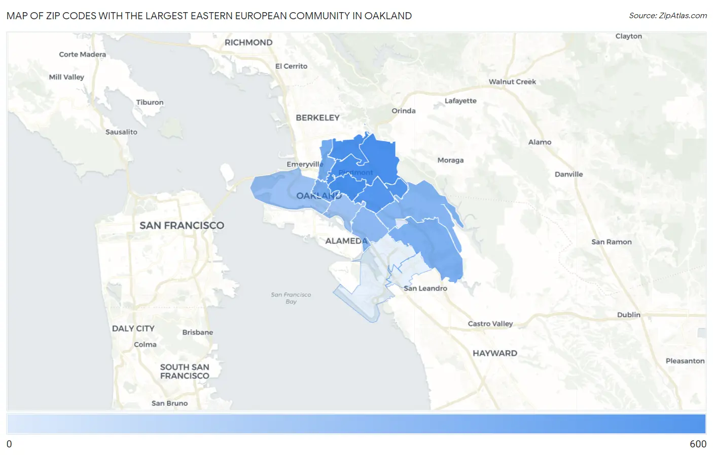 Zip Codes with the Largest Eastern European Community in Oakland Map