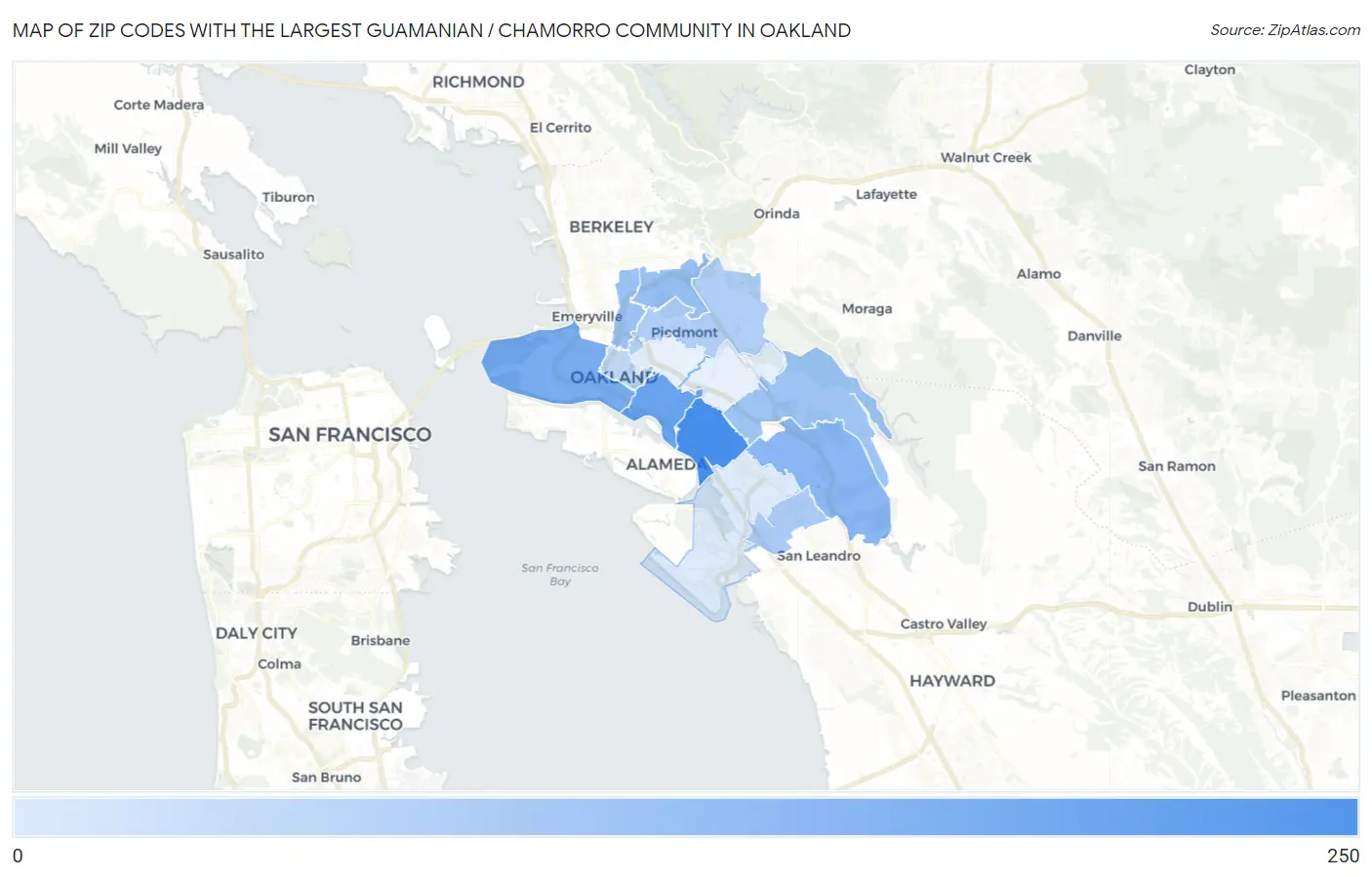 Zip Codes with the Largest Guamanian / Chamorro Community in Oakland Map