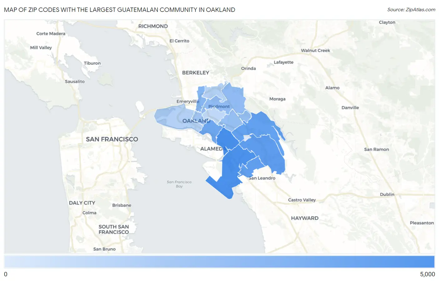 Zip Codes with the Largest Guatemalan Community in Oakland Map