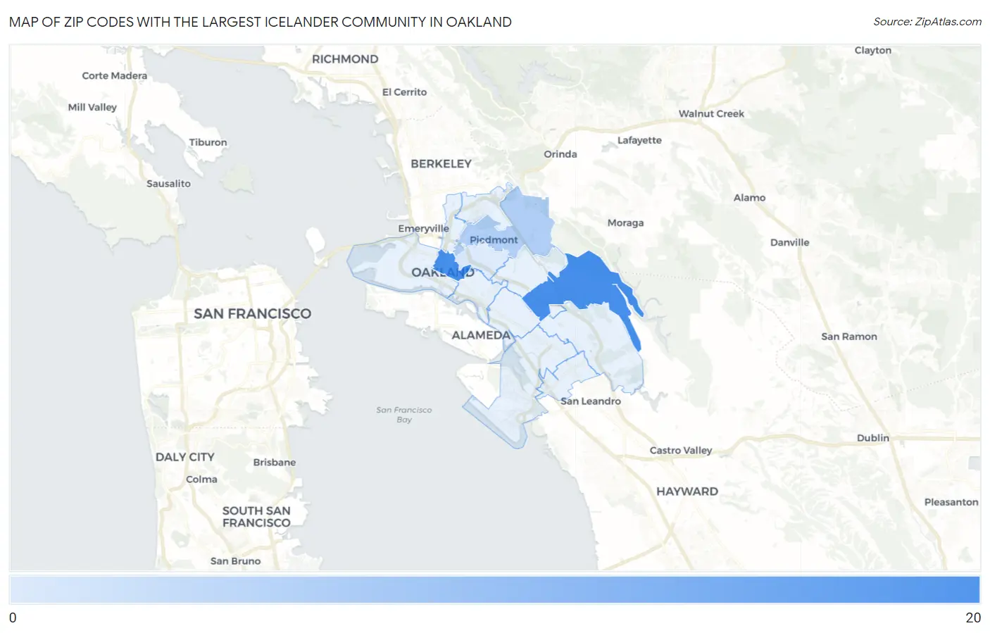 Zip Codes with the Largest Icelander Community in Oakland Map