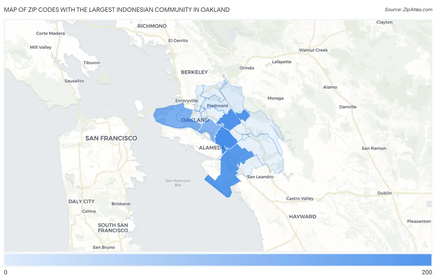 Zip Codes with the Largest Indonesian Community in Oakland Map
