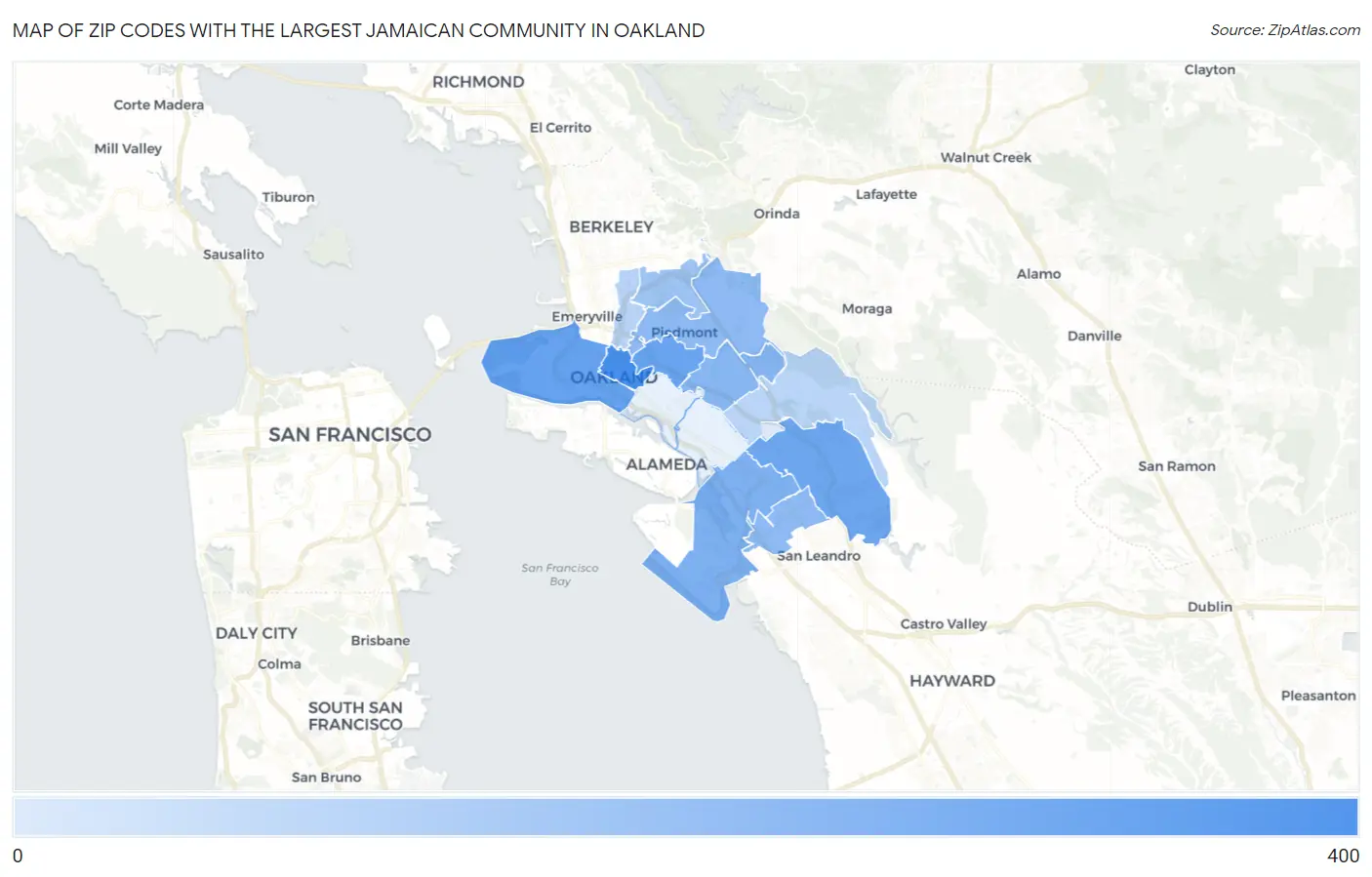 Zip Codes with the Largest Jamaican Community in Oakland Map