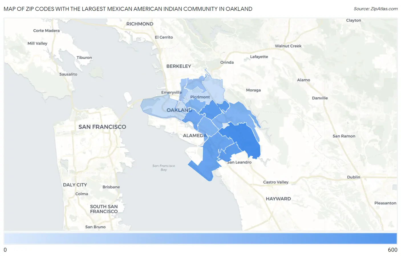 Zip Codes with the Largest Mexican American Indian Community in Oakland Map