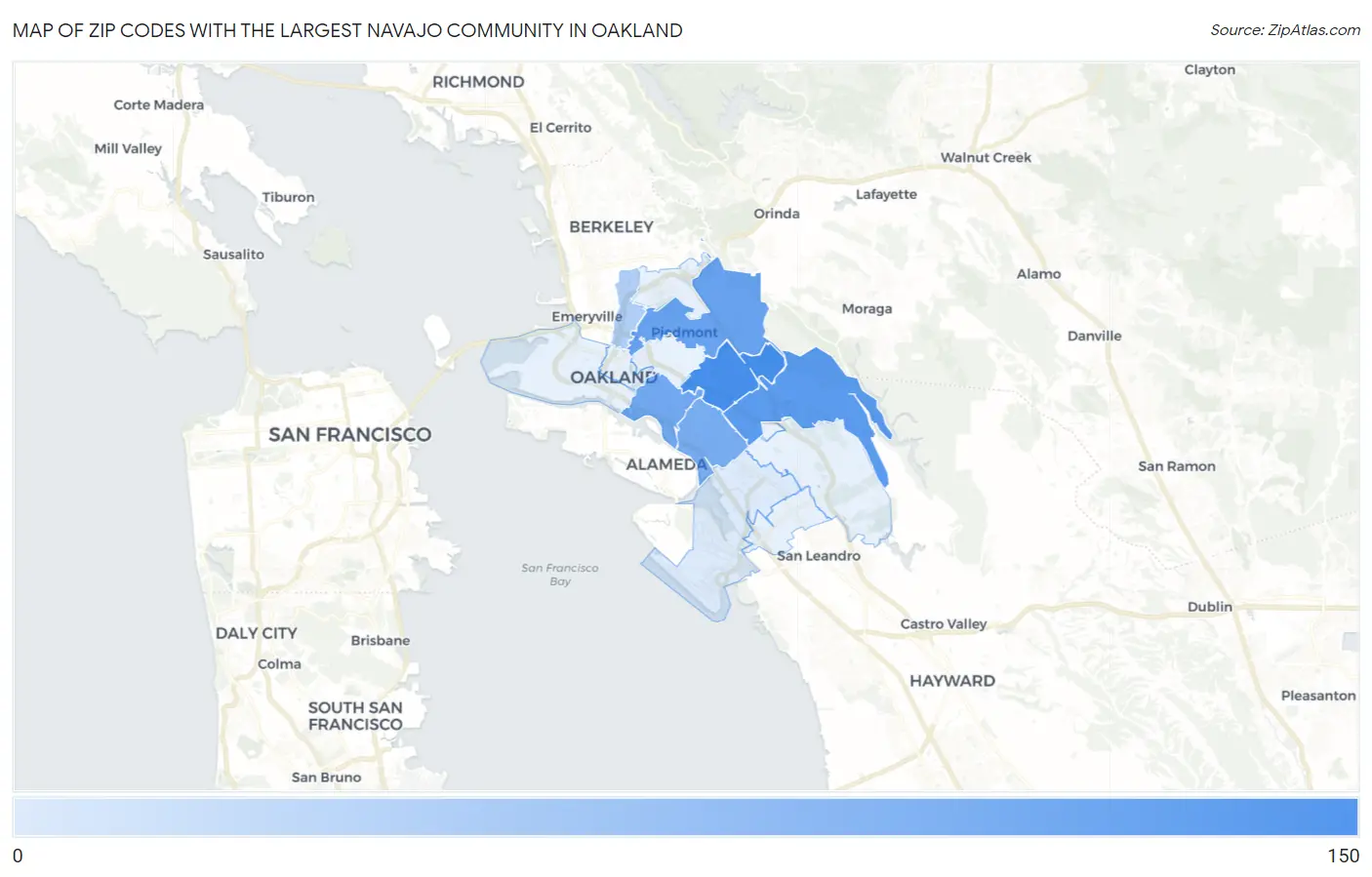 Zip Codes with the Largest Navajo Community in Oakland Map