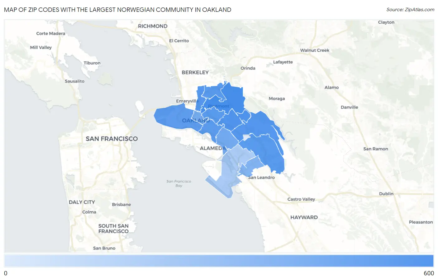 Zip Codes with the Largest Norwegian Community in Oakland Map