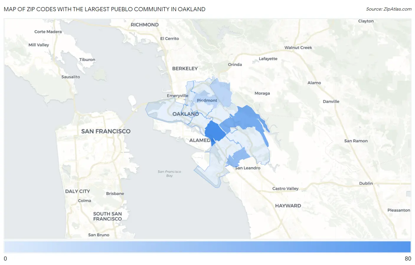 Zip Codes with the Largest Pueblo Community in Oakland Map