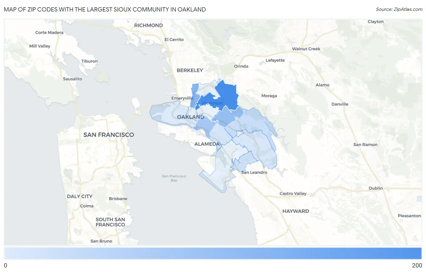 Zip Codes with the Largest Sioux Community in Oakland Map