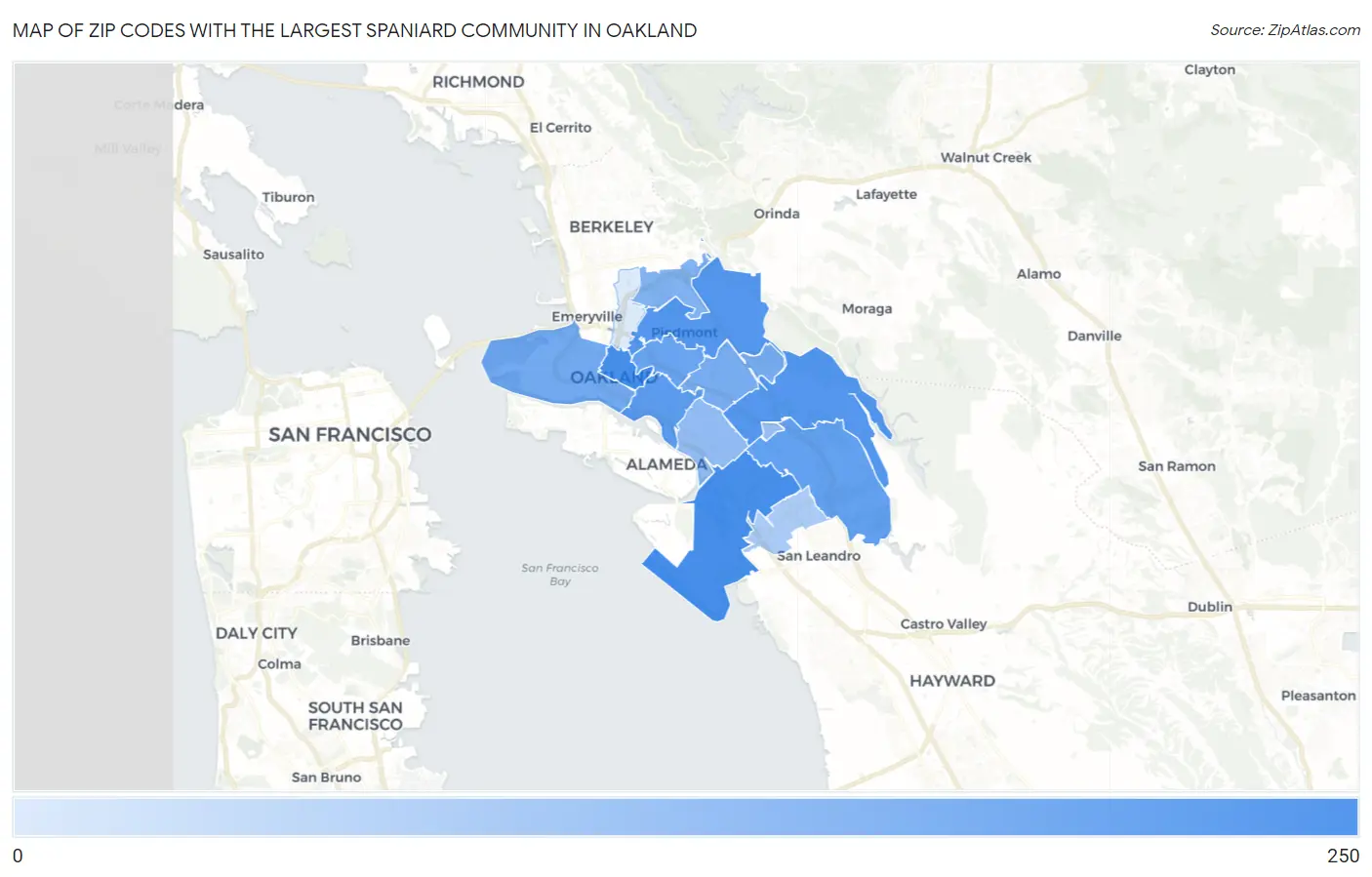 Zip Codes with the Largest Spaniard Community in Oakland Map