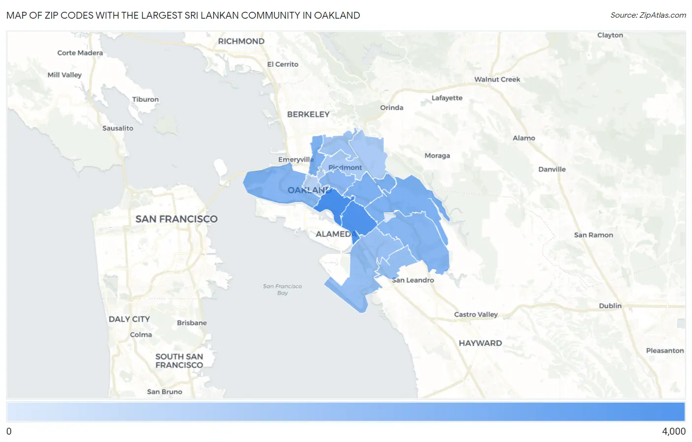 Zip Codes with the Largest Sri Lankan Community in Oakland Map