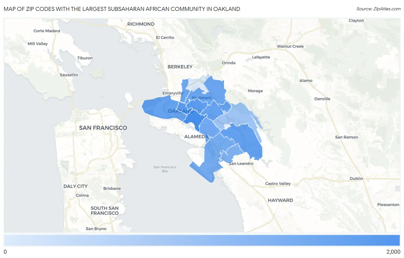 Zip Codes with the Largest Subsaharan African Community in Oakland Map