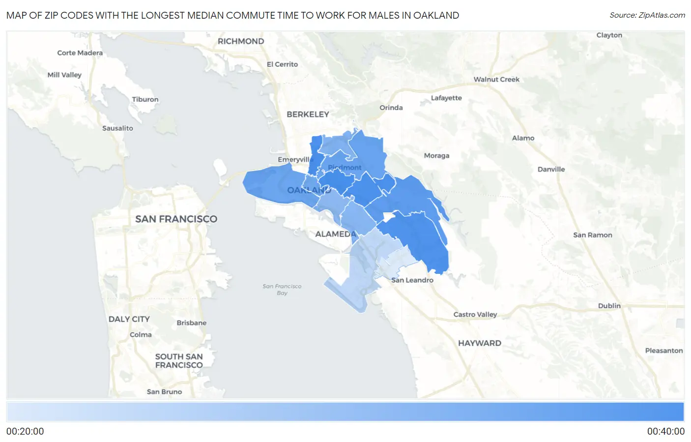 Zip Codes with the Longest Median Commute Time to Work for Males in Oakland Map