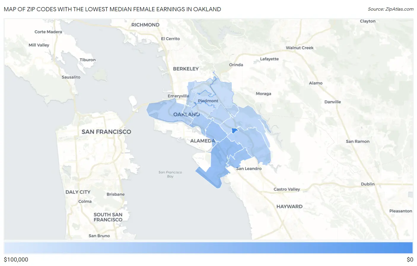 Zip Codes with the Lowest Median Female Earnings in Oakland Map