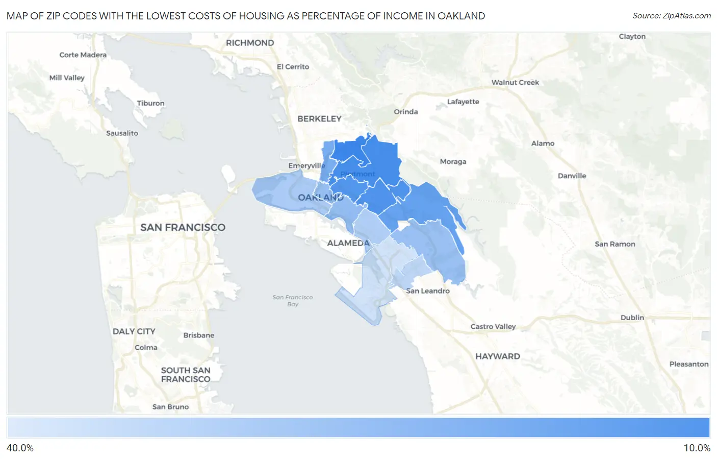 Zip Codes with the Lowest Costs of Housing as Percentage of Income in Oakland Map