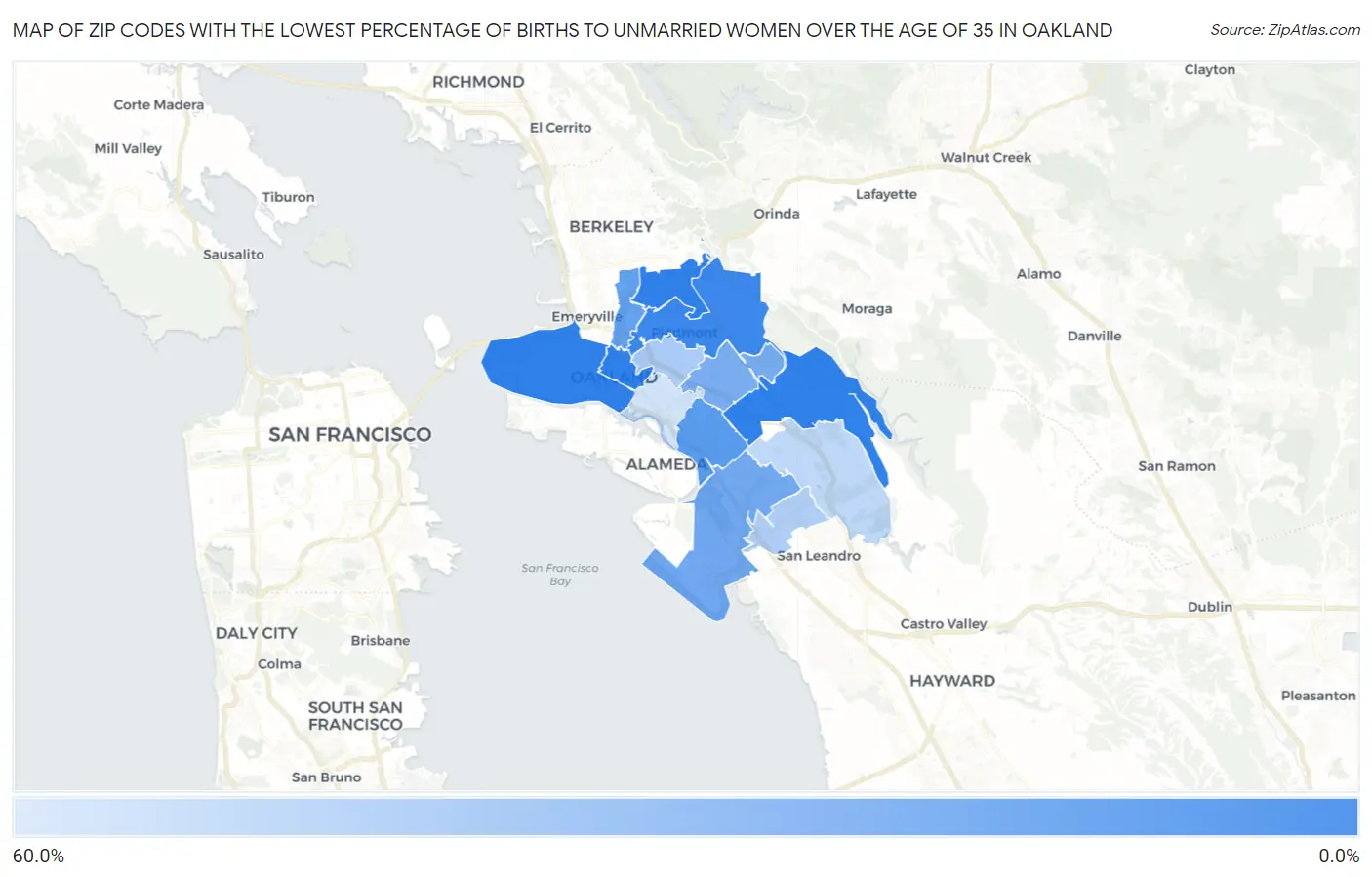 Zip Codes with the Lowest Percentage of Births to Unmarried Women over the Age of 35 in Oakland Map