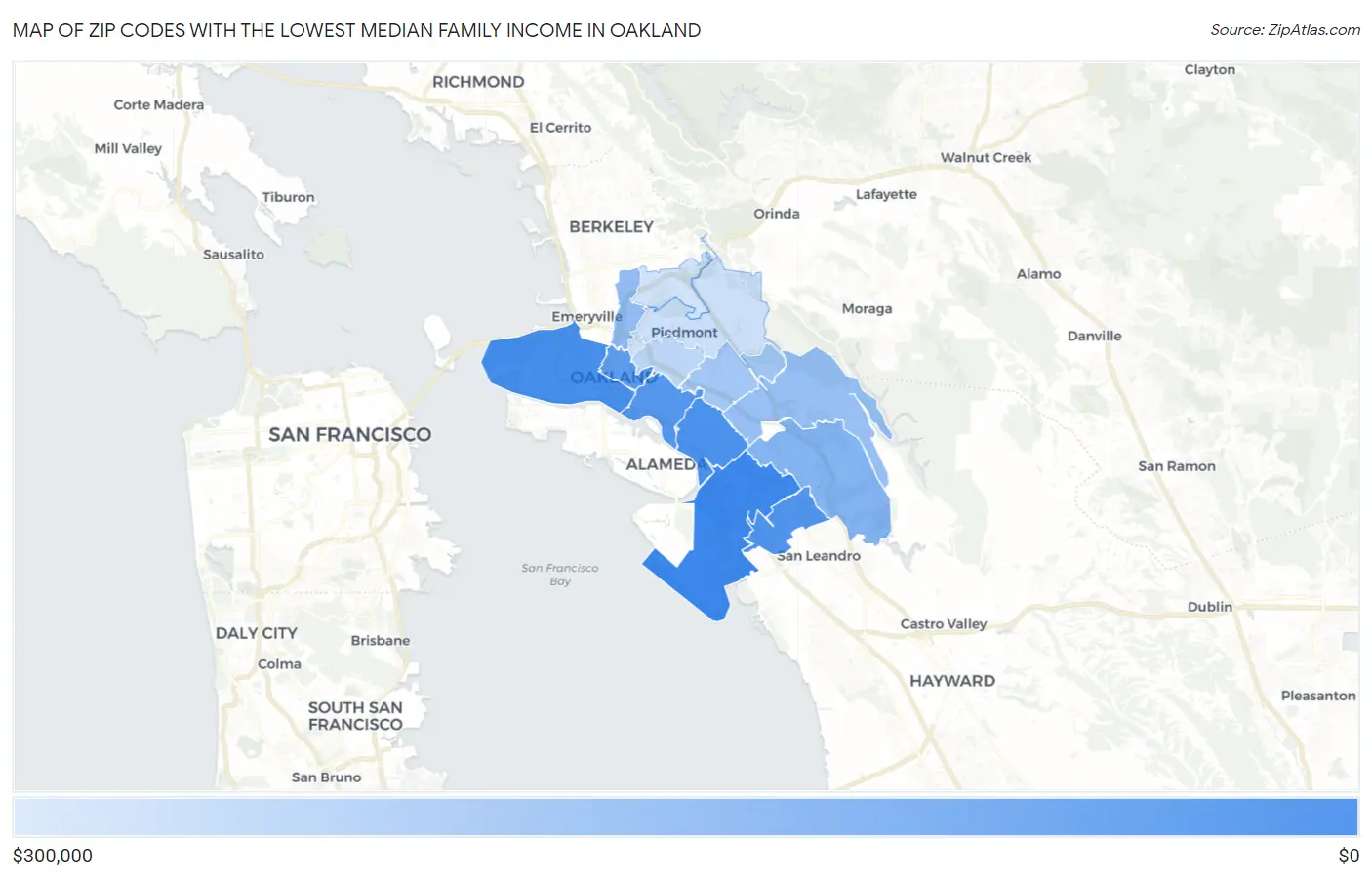 Zip Codes with the Lowest Median Family Income in Oakland Map