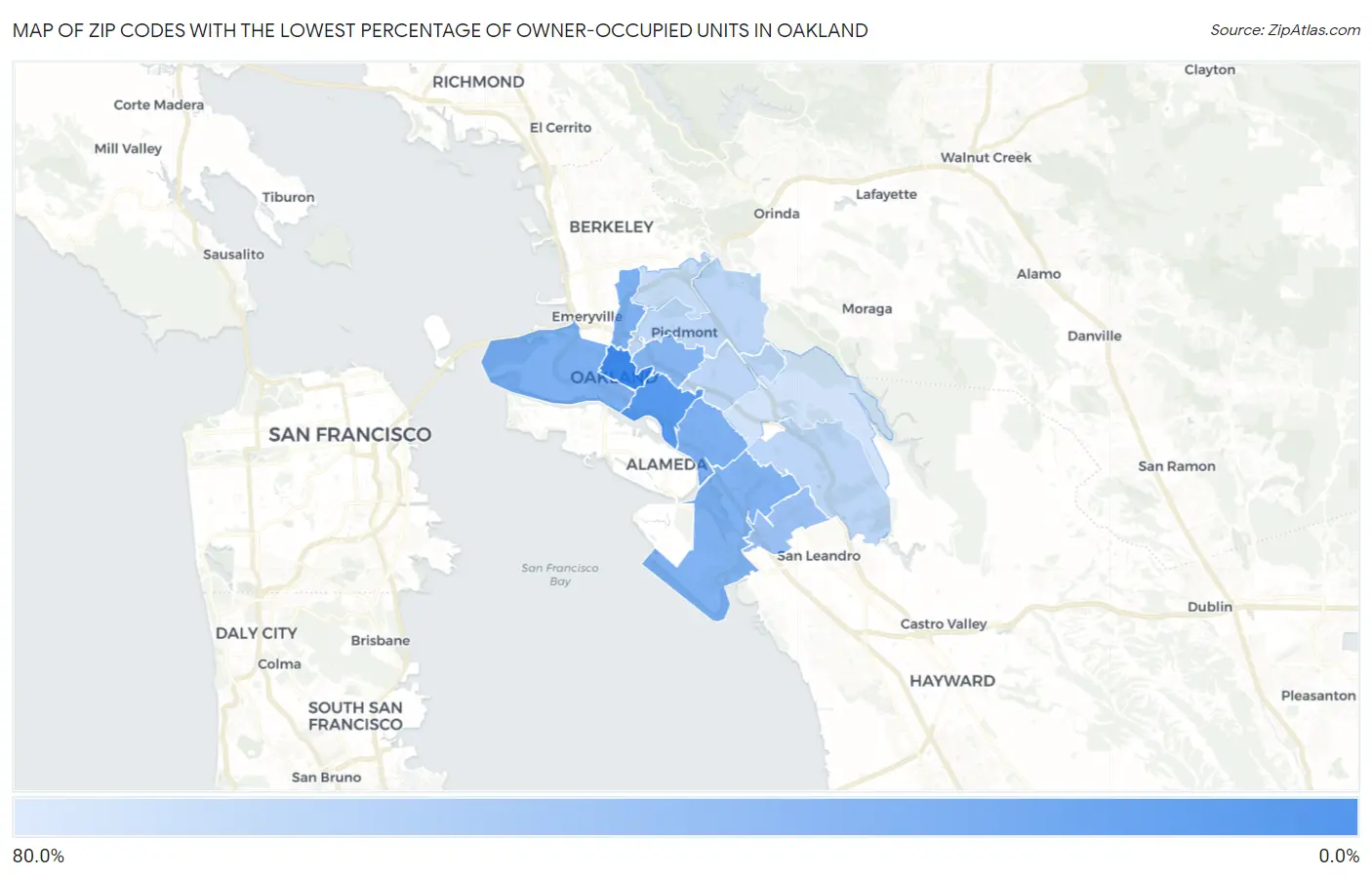 Zip Codes with the Lowest Percentage of Owner-Occupied Units in Oakland Map