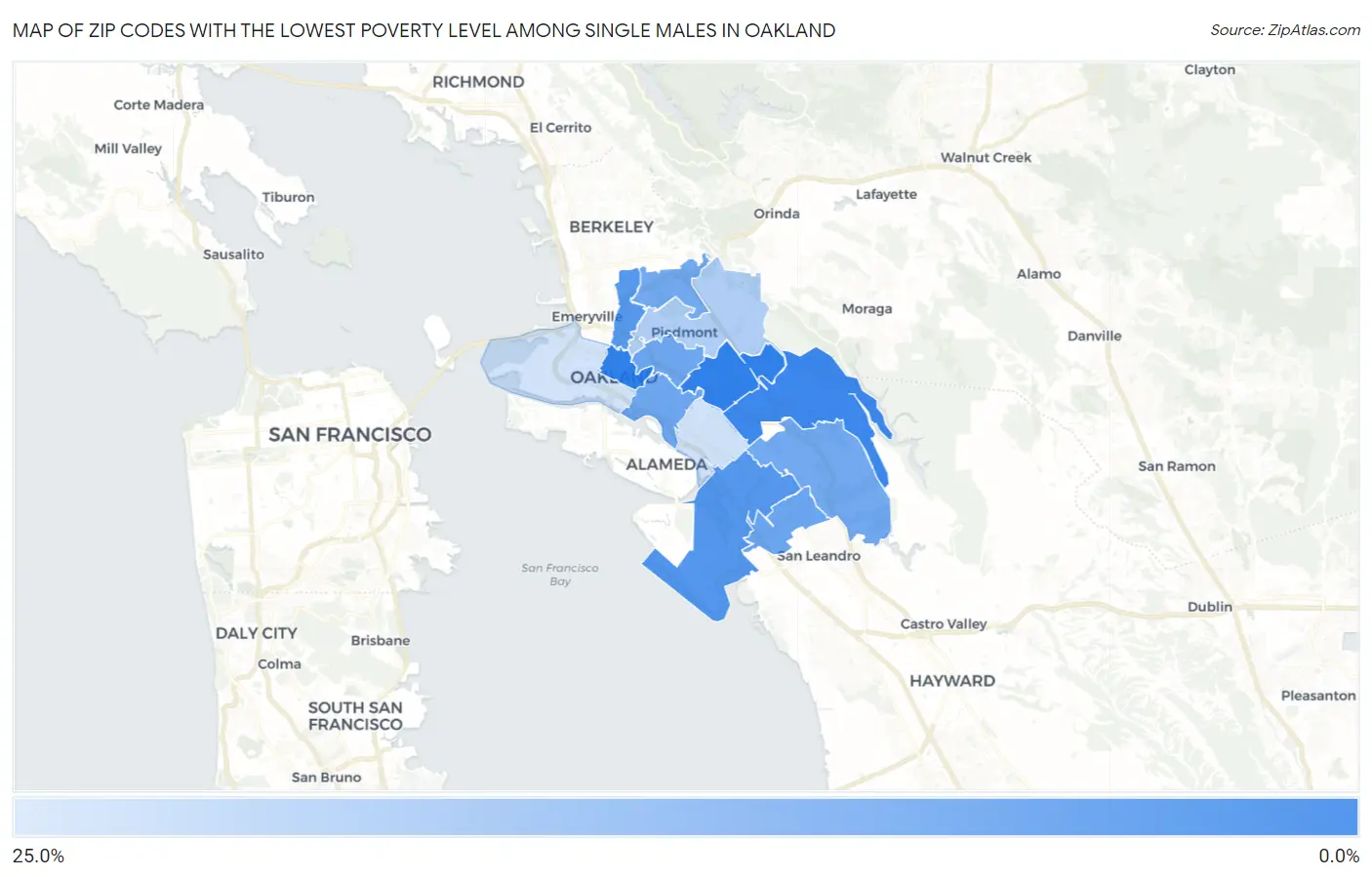 Zip Codes with the Lowest Poverty Level Among Single Males in Oakland Map