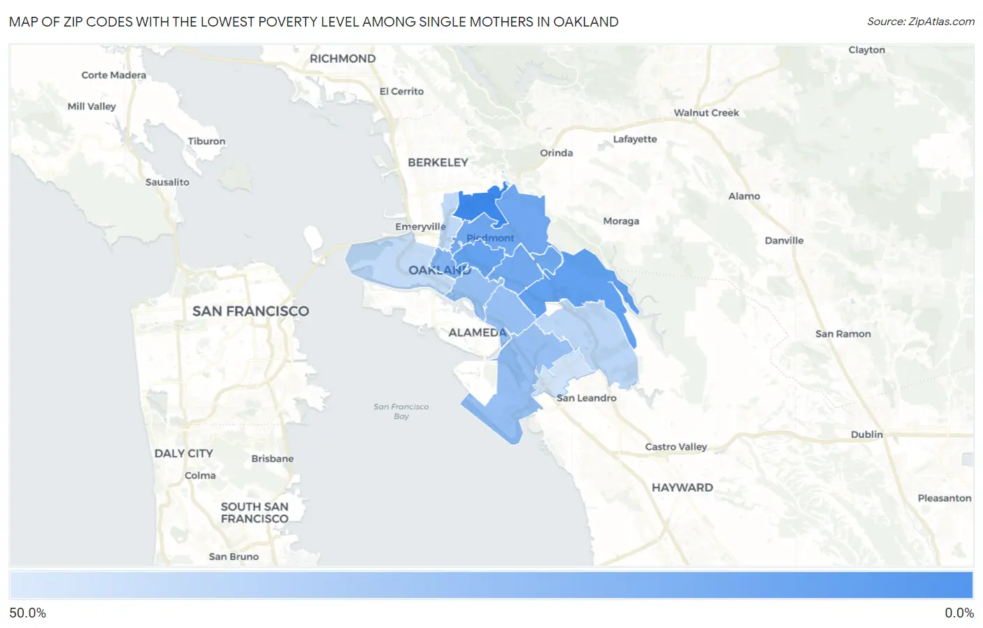 Zip Codes with the Lowest Poverty Level Among Single Mothers in Oakland Map