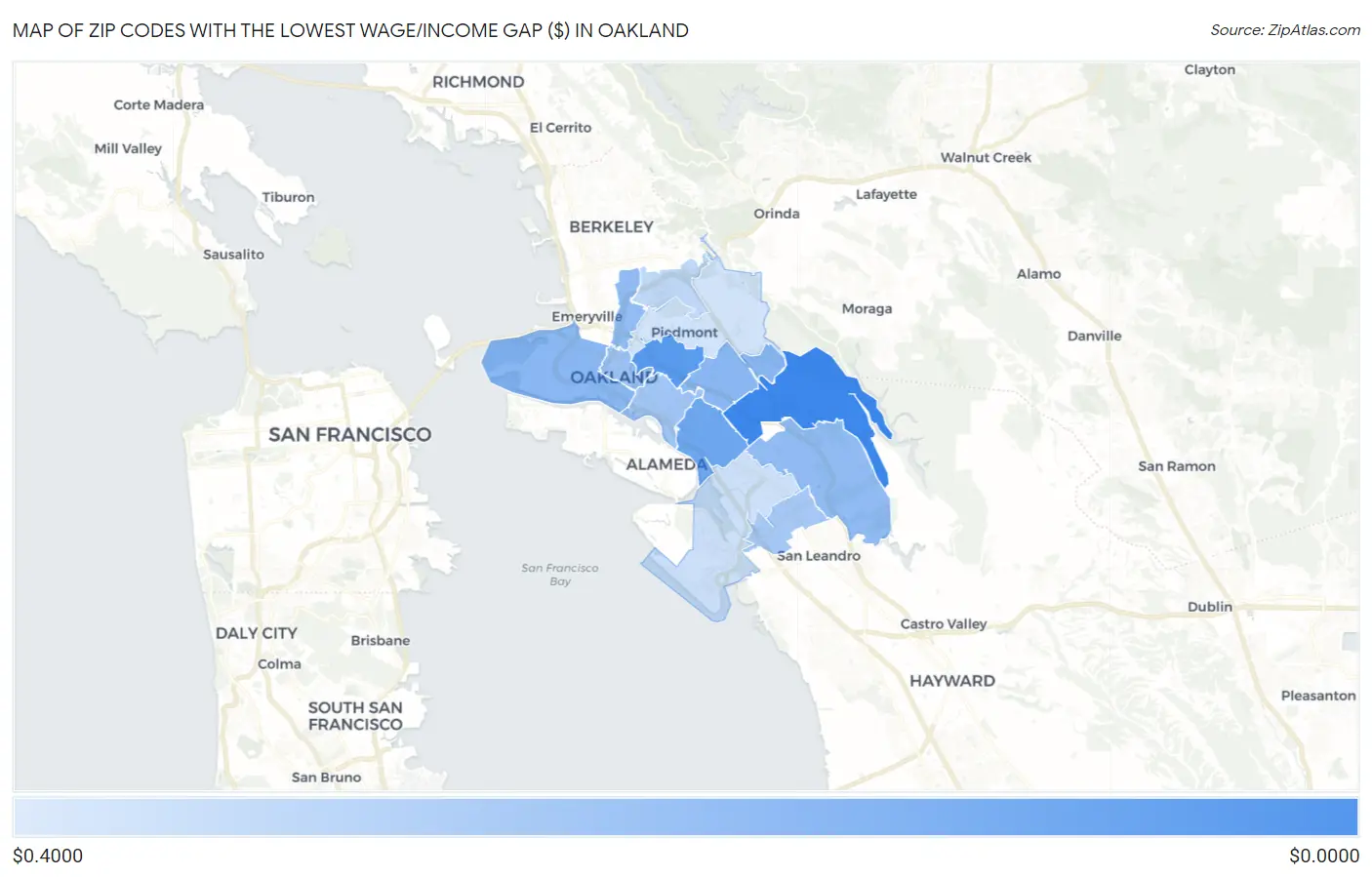 Zip Codes with the Lowest Wage/Income Gap ($) in Oakland Map