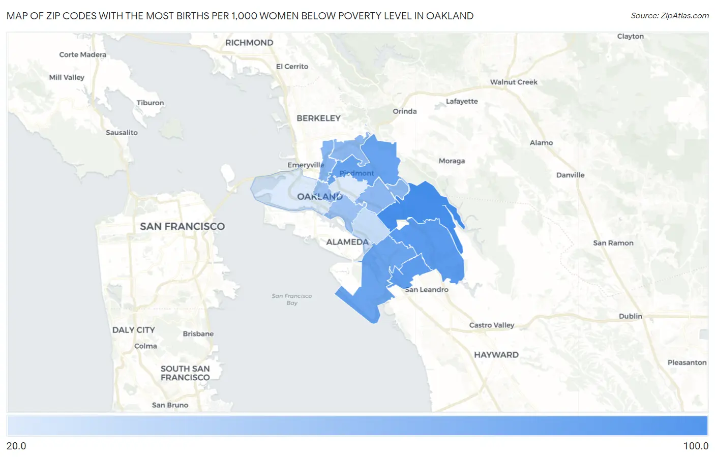 Zip Codes with the Most Births per 1,000 Women Below Poverty Level in Oakland Map