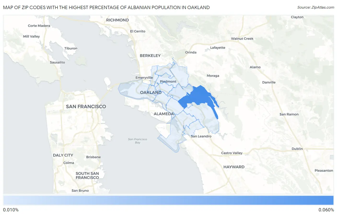 Zip Codes with the Highest Percentage of Albanian Population in Oakland Map