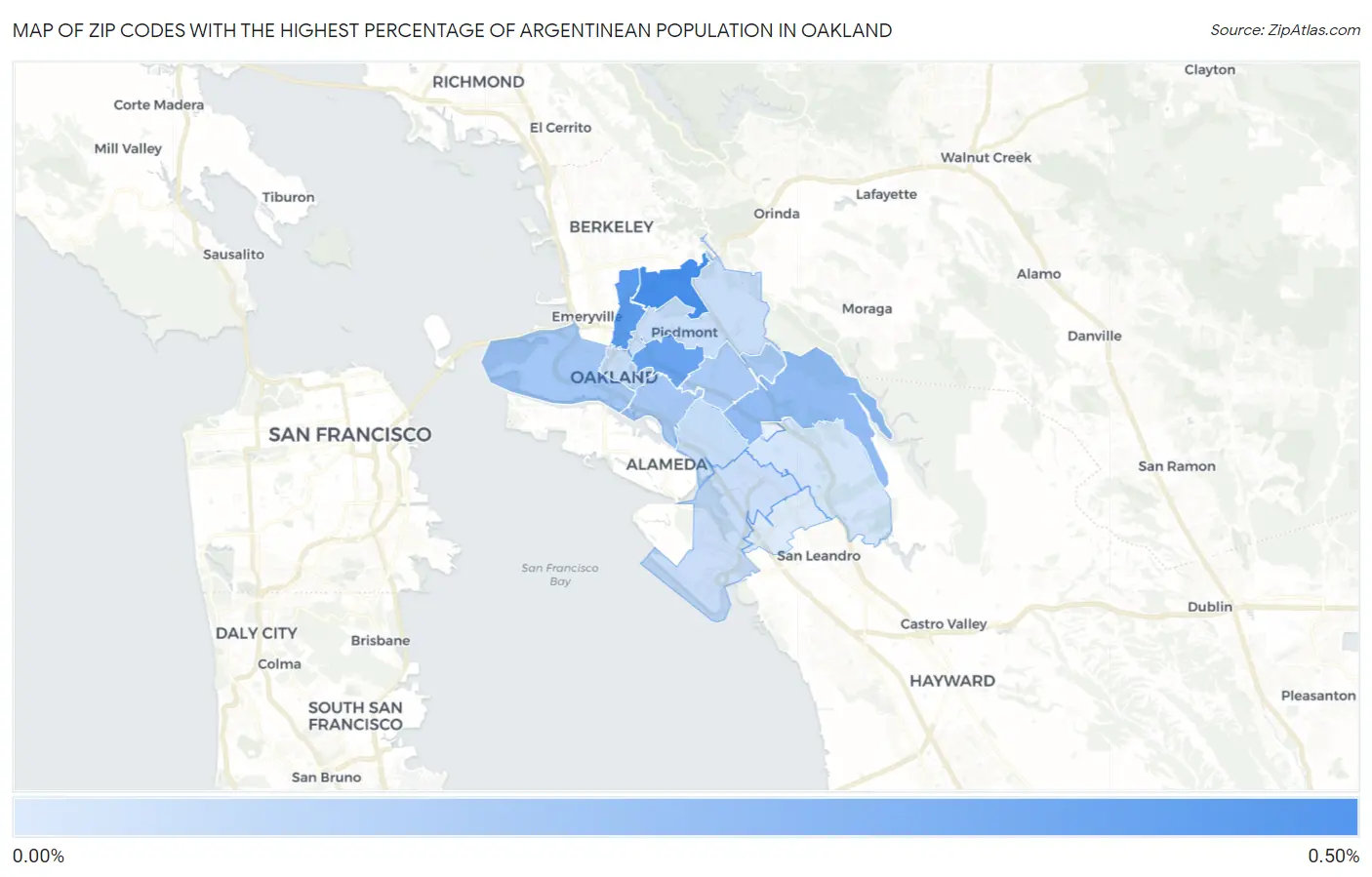 Zip Codes with the Highest Percentage of Argentinean Population in Oakland Map