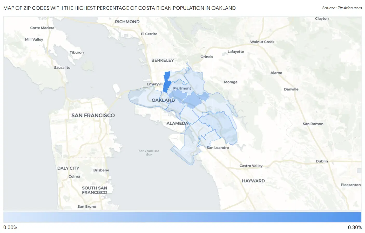Zip Codes with the Highest Percentage of Costa Rican Population in Oakland Map