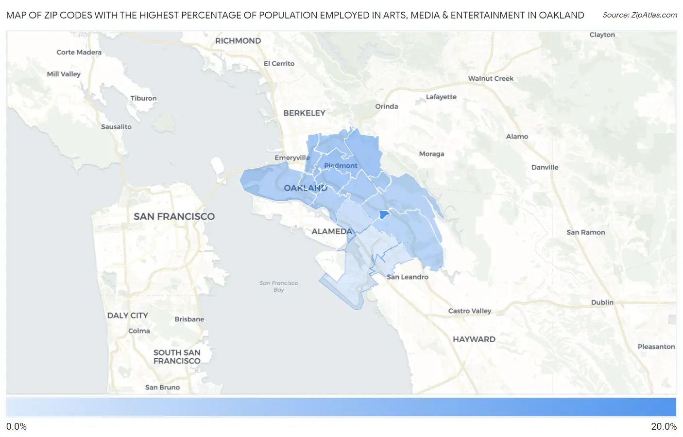 Zip Codes with the Highest Percentage of Population Employed in Arts, Media & Entertainment in Oakland Map