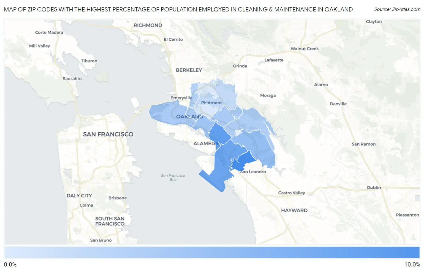 Zip Codes with the Highest Percentage of Population Employed in Cleaning & Maintenance in Oakland Map