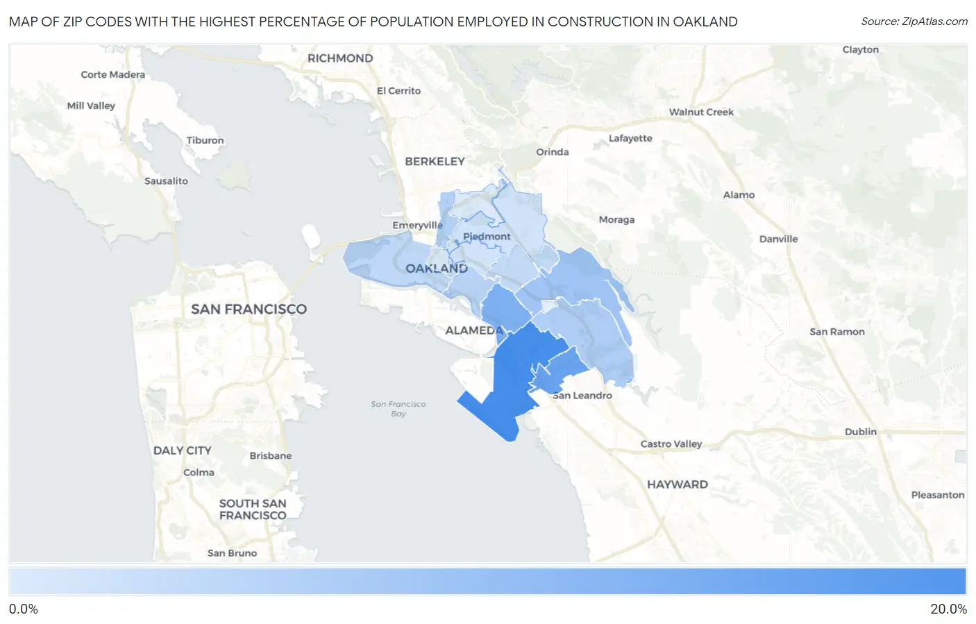 Zip Codes with the Highest Percentage of Population Employed in Construction in Oakland Map