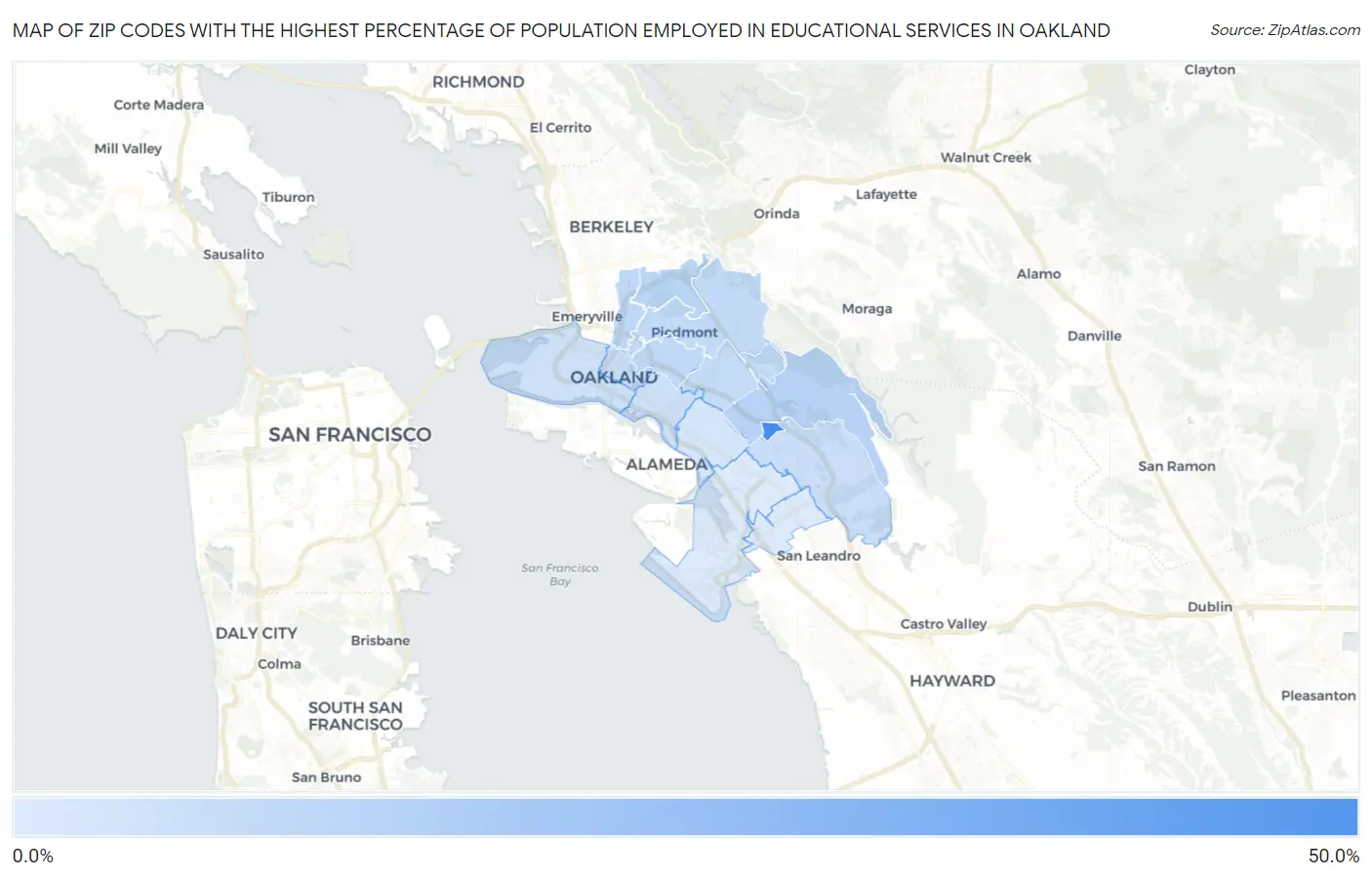 Zip Codes with the Highest Percentage of Population Employed in Educational Services in Oakland Map