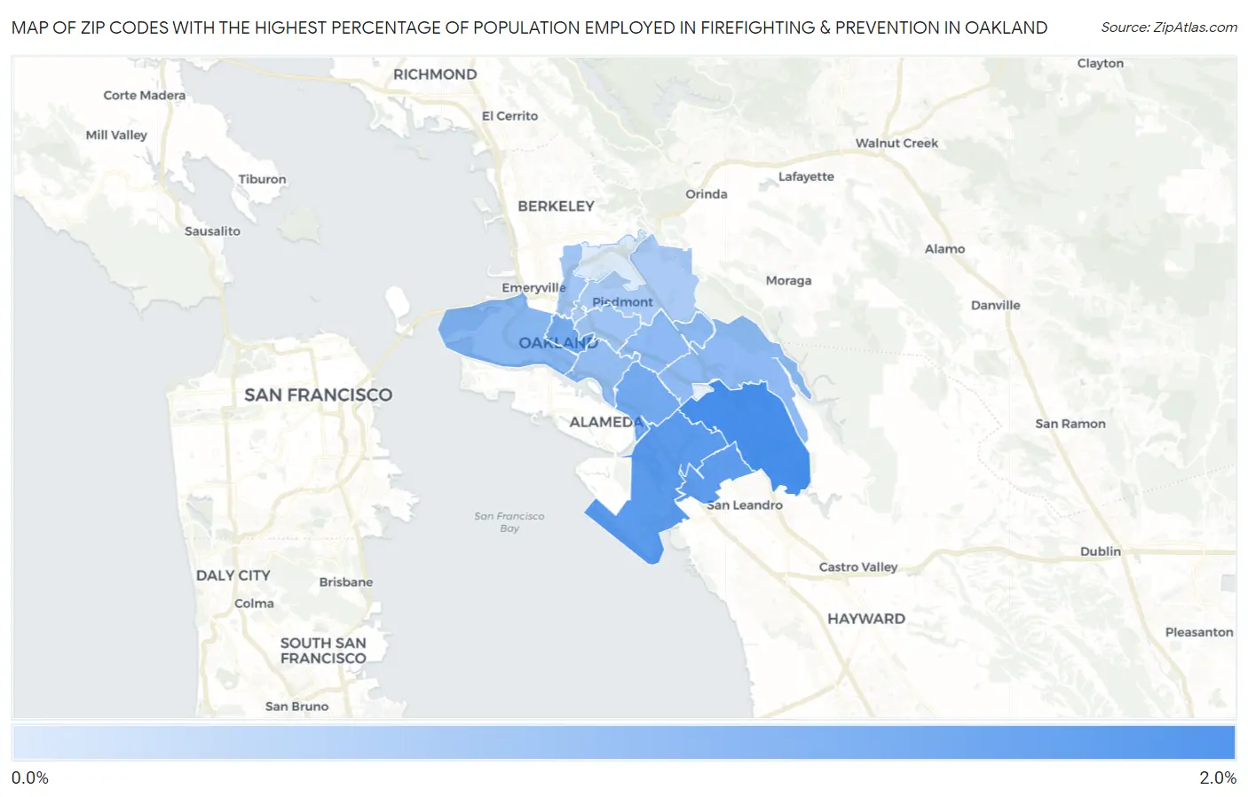 Zip Codes with the Highest Percentage of Population Employed in Firefighting & Prevention in Oakland Map