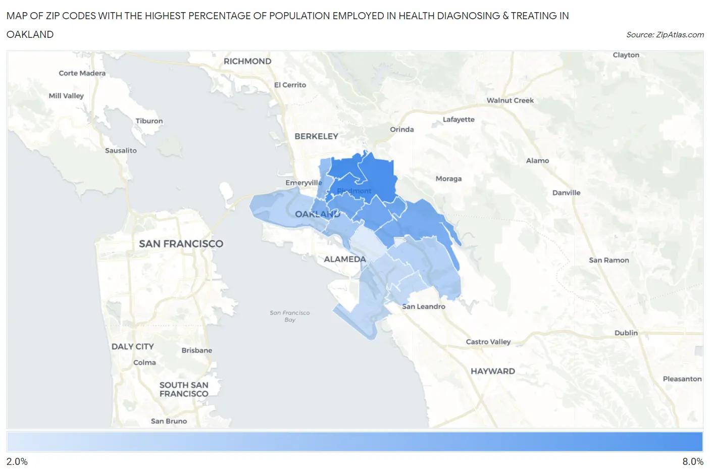 Zip Codes with the Highest Percentage of Population Employed in Health Diagnosing & Treating in Oakland Map